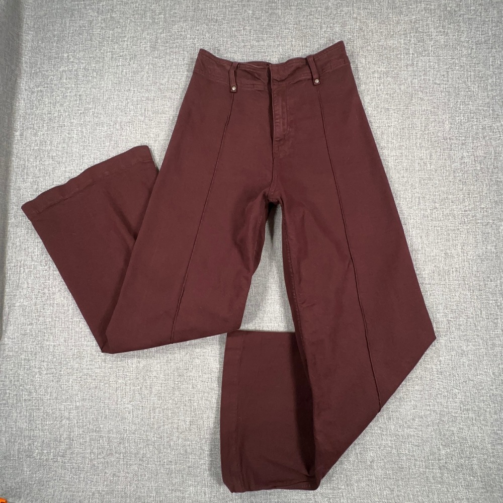 Zara Wide Leg Pants Womens 4 Burgundy High Rise Seam Front Retro Dark Academia